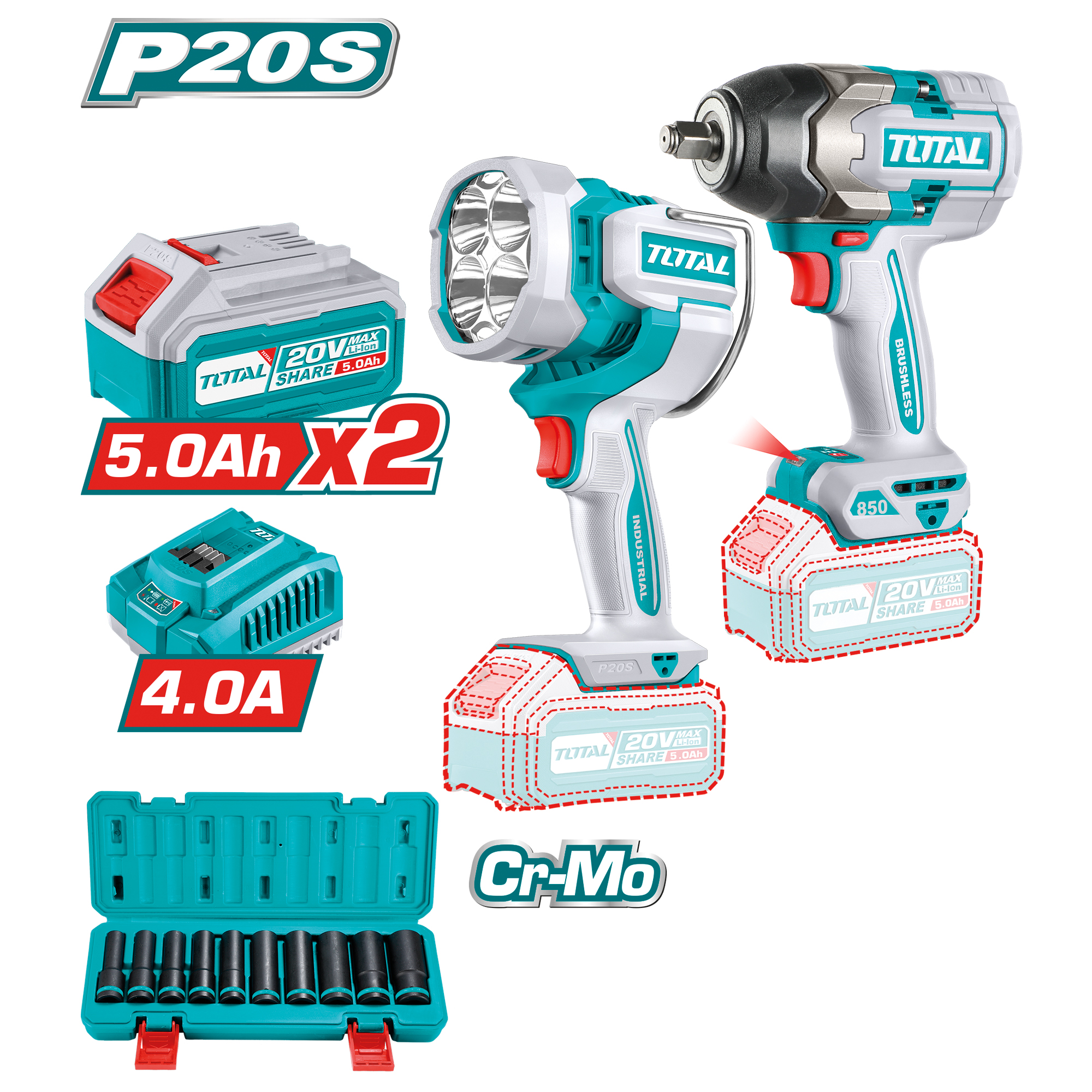 Pack impact wrench + battery-powered LED floodlight TOSLI241181E | 20 V