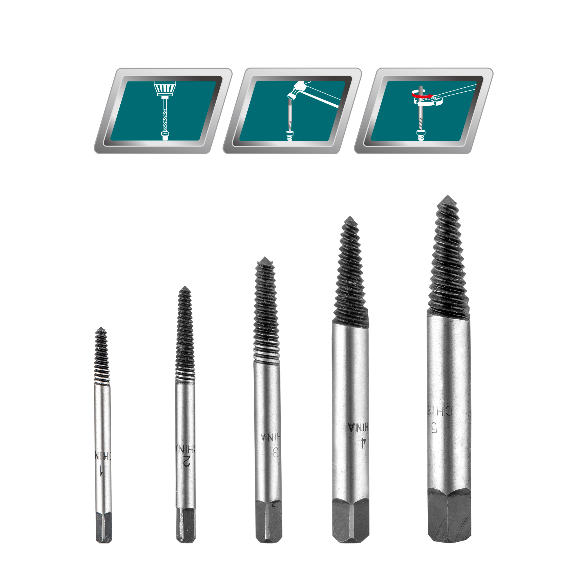 Set of 5 screw extractor drill bits TACSE0056 | HSS