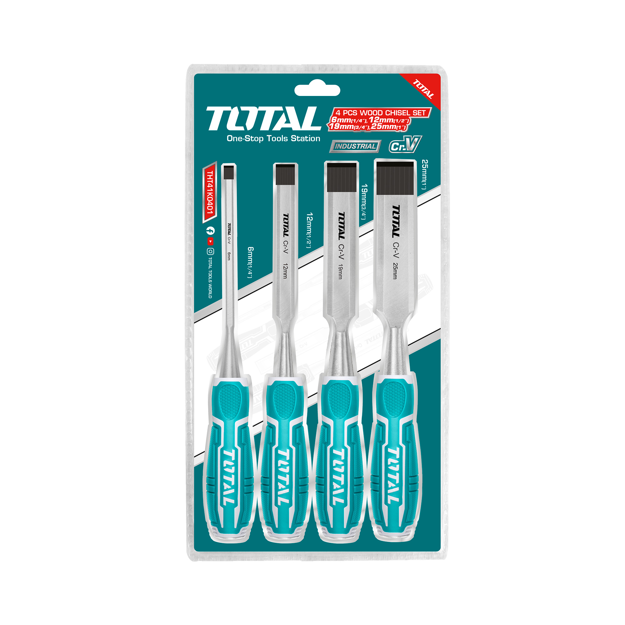 Set of 4 wood chisels THT41K0401 | 140 mm | Chrome-vanadium (Cr-V)
