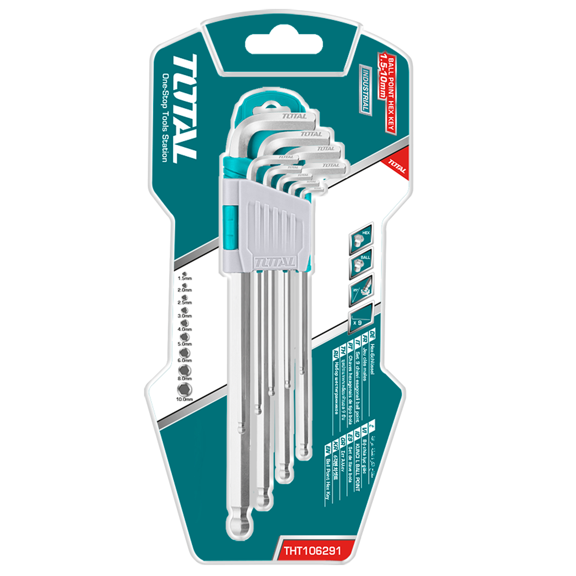 Set of 9 ball-end hex keys THT106291 | Chrome-vanadium (Cr-V)